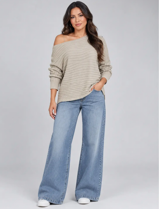 Super Soft One Size off the Shoulder Ribbed Knit Beige