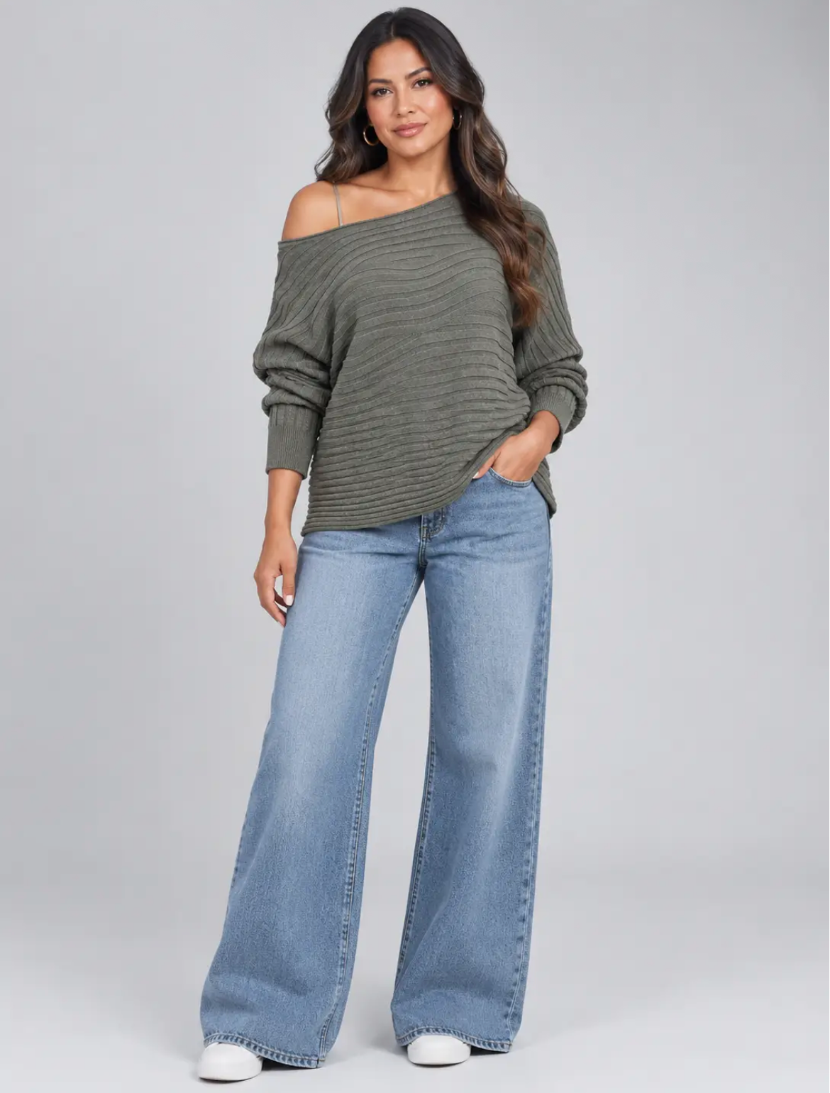 Super Soft One Size off the Shoulder Ribbed Knit Khaki