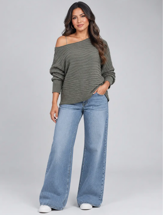 Super Soft One Size off the Shoulder Ribbed Knit Khaki