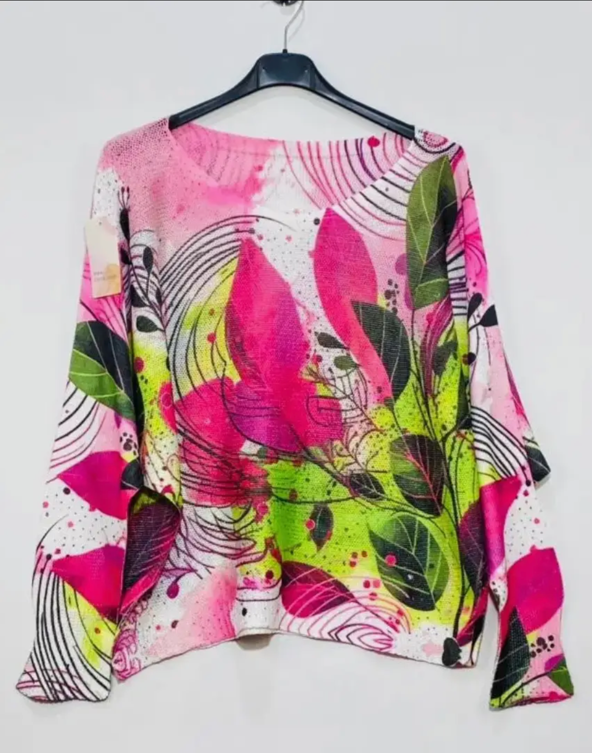 Fuchsia Leaves Round Knit Printed Sweater