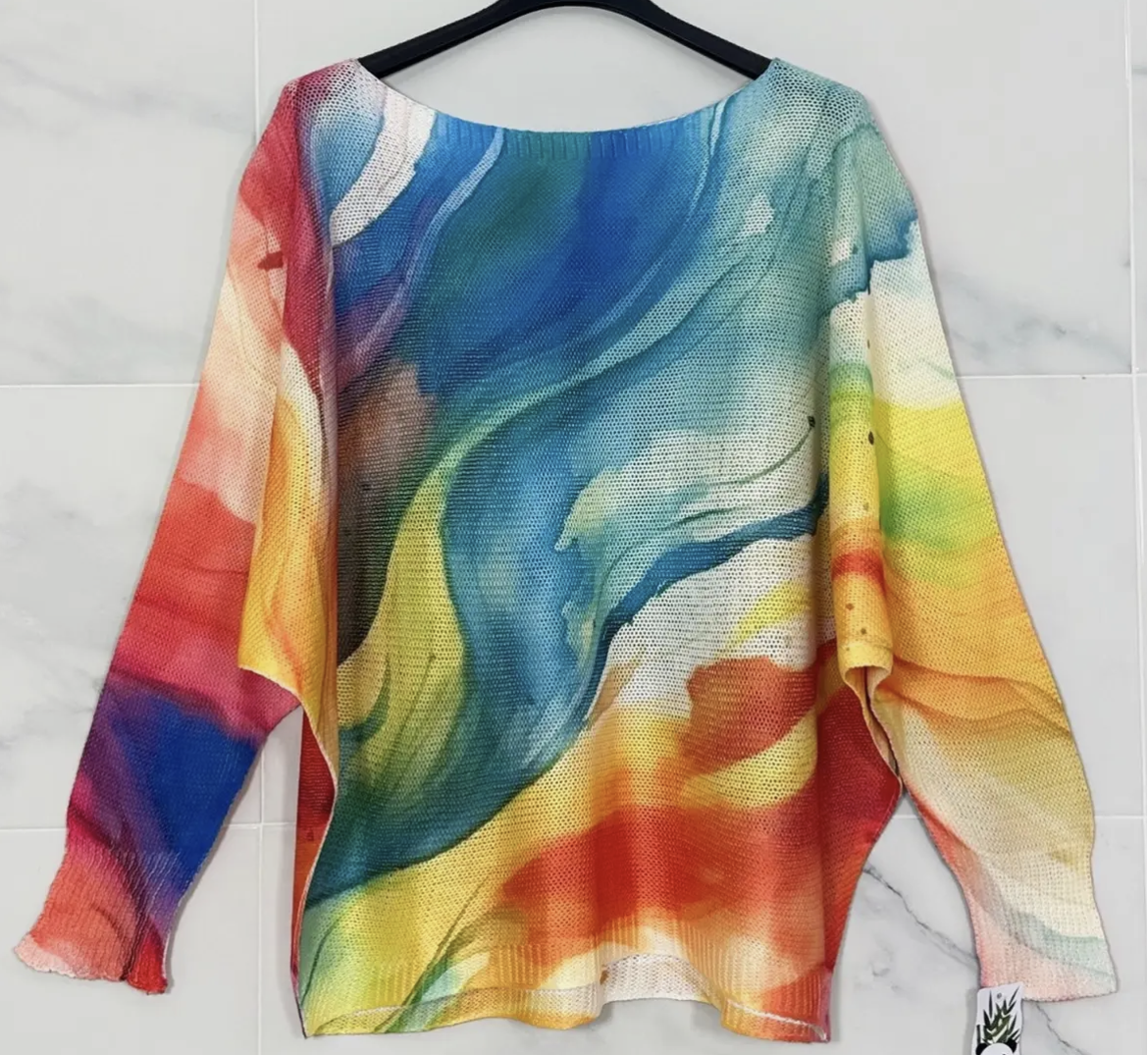 Rainbow Multicolor Round Knit Printed Sweater