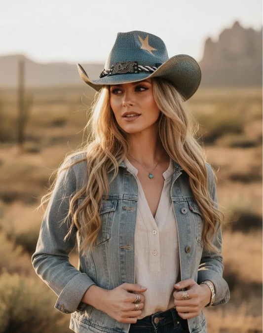 Distressed Cowboy Hat with Brass Eagle Buckle