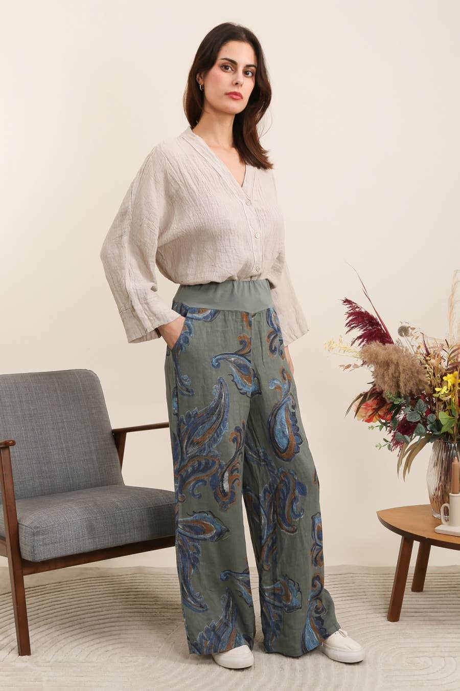 Printed linen trousers 6526 100% LINEN: Azzuro blue