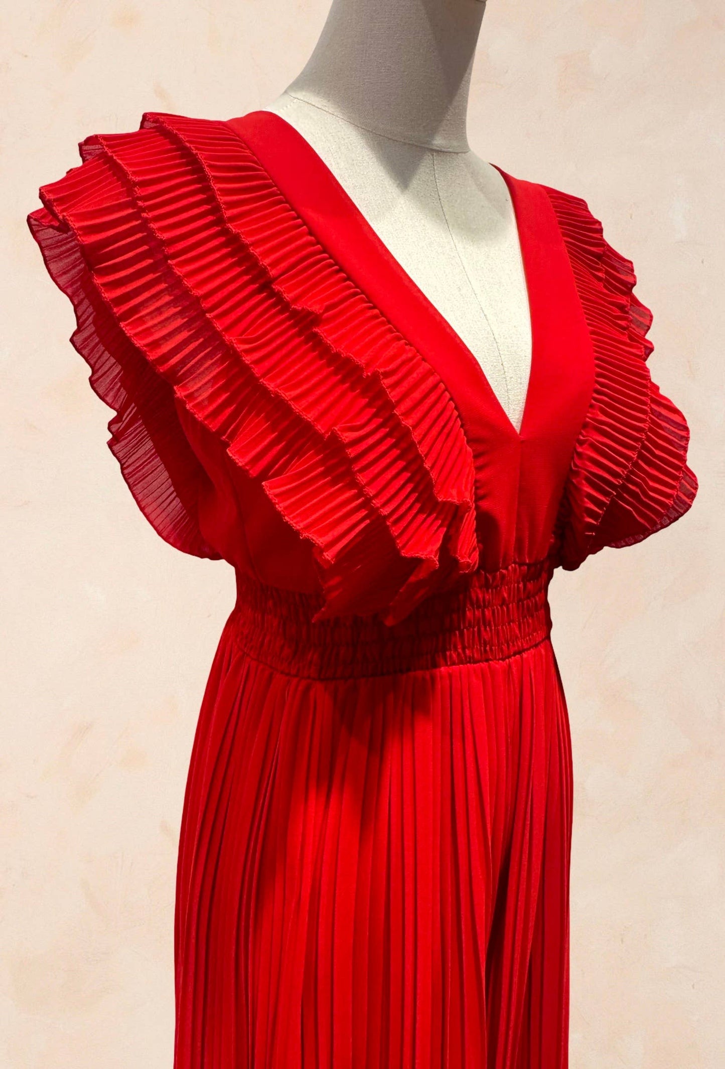 Pleated Ruffle Jumpsuit -  Red