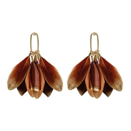 Caramel Gold Dipped Feathers Statement Earrings