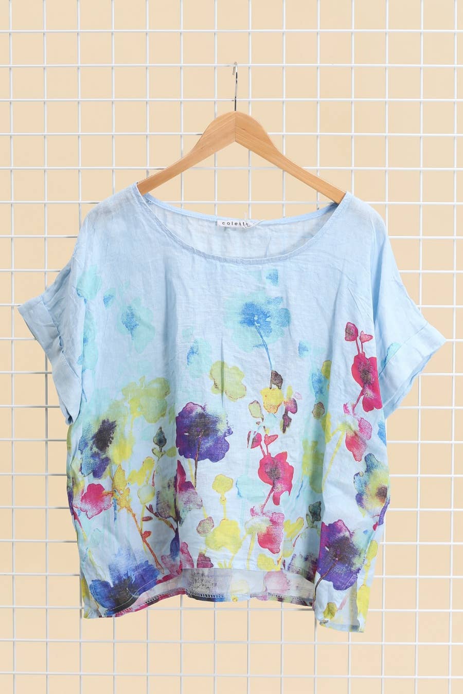 Round neck printed linen T-shirt 23310 100% LINEN: Apple green