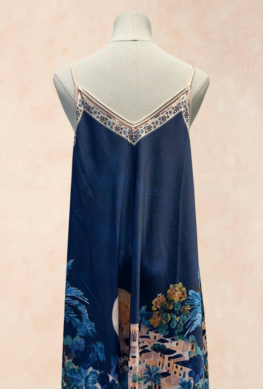 Bohemian strap dress – Mediterranean landscape print –Blue