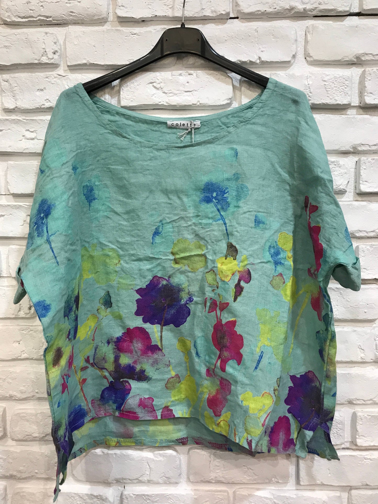 Round neck printed linen T-shirt 23310 100% LINEN: Apple green