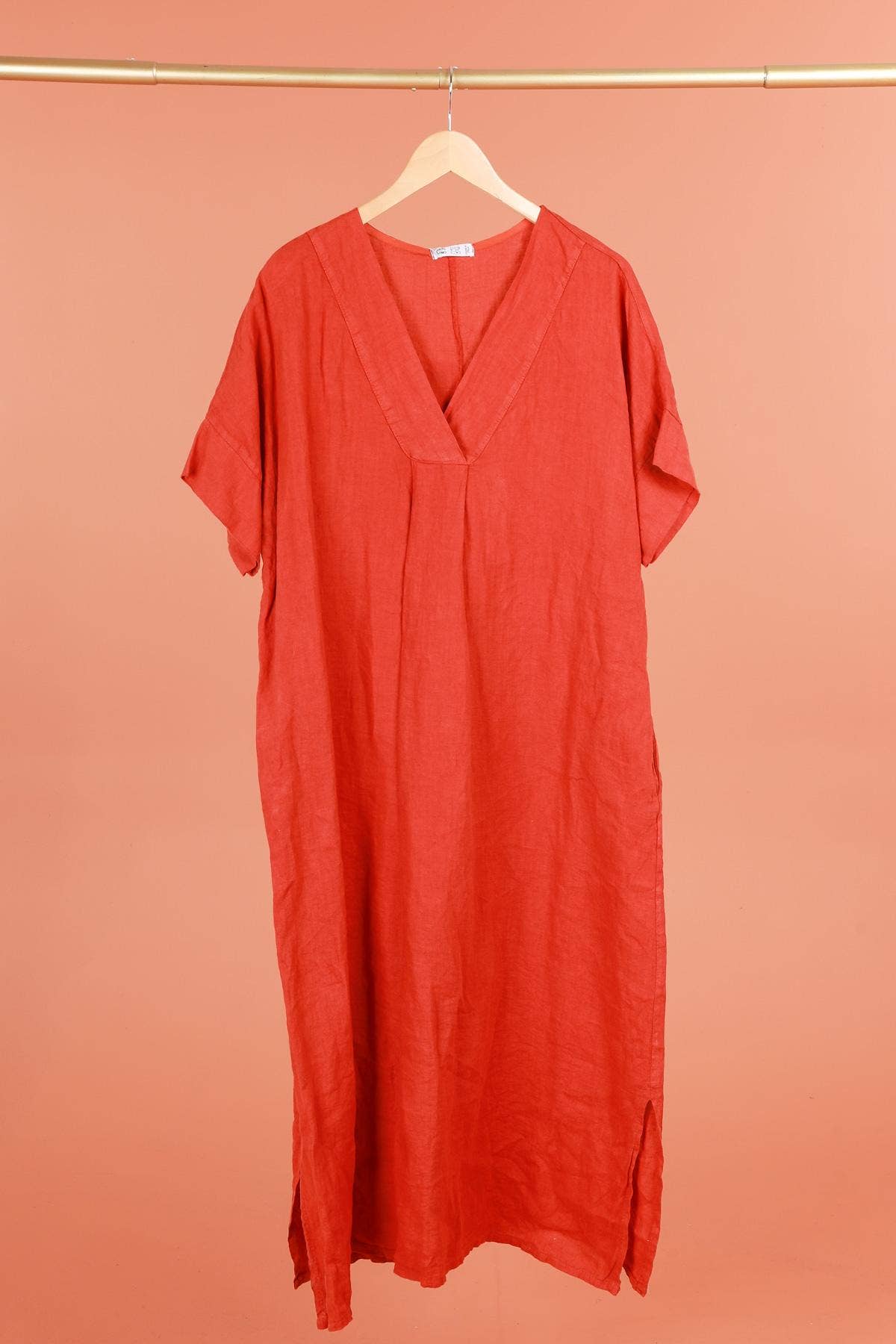 Long dress v-neck 62733 100% linen: Mustard