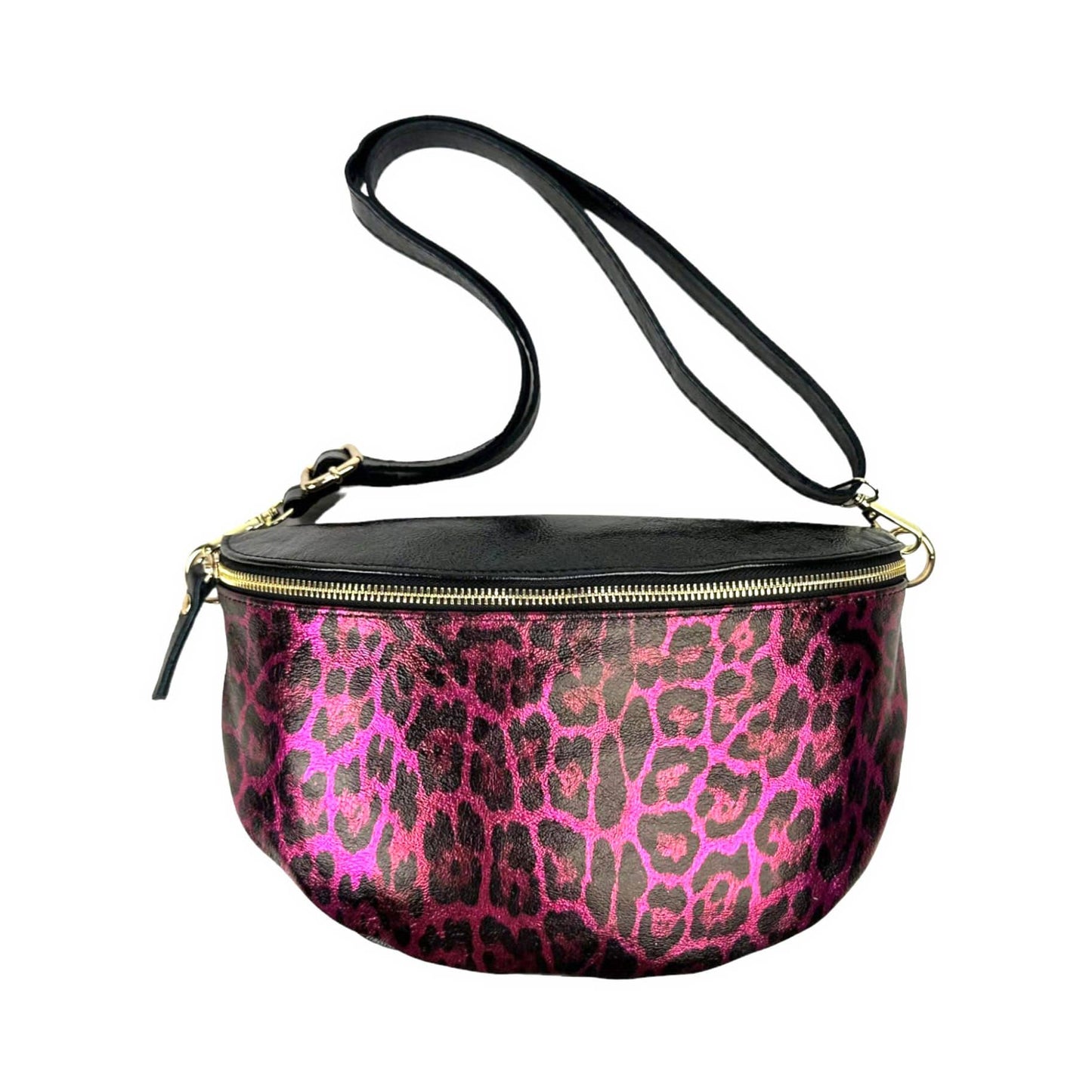 Leather Waist Bag with Leopard Print and Shiny Effect: Fuchsia