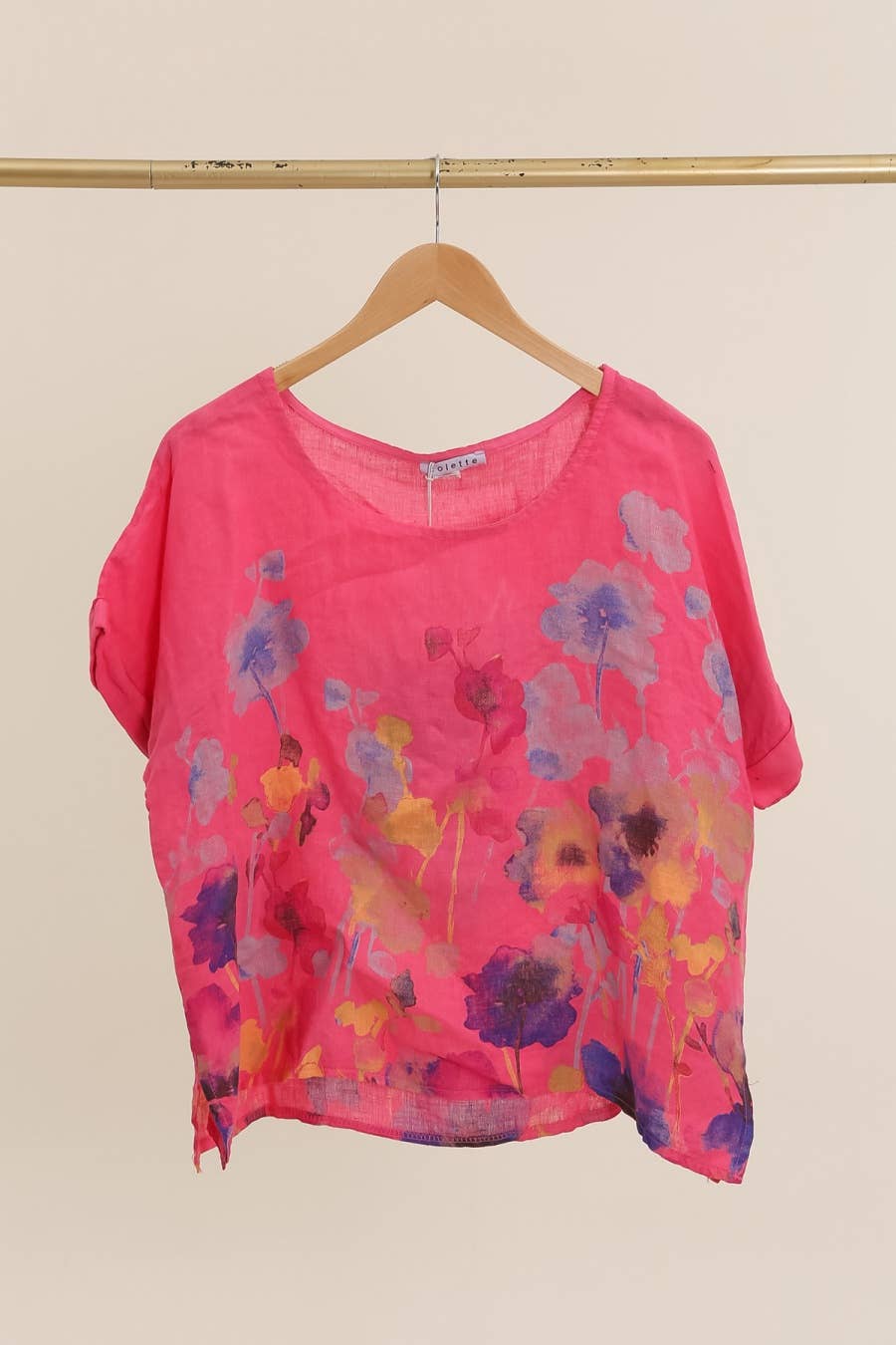 Round neck printed linen T-shirt 23310 100% LINEN: Tobacco