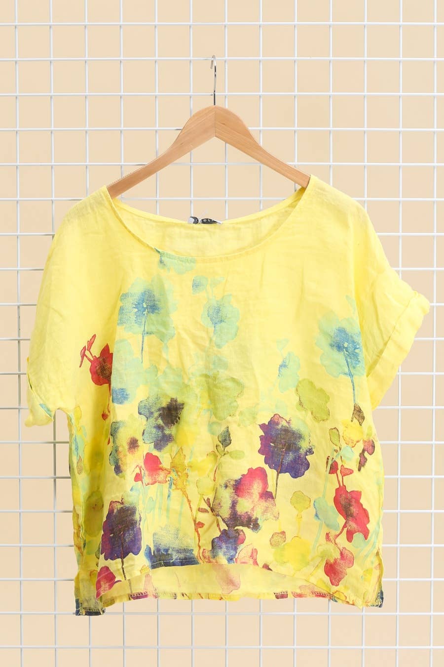 Round neck printed linen T-shirt 23310 100% LINEN: Apple green