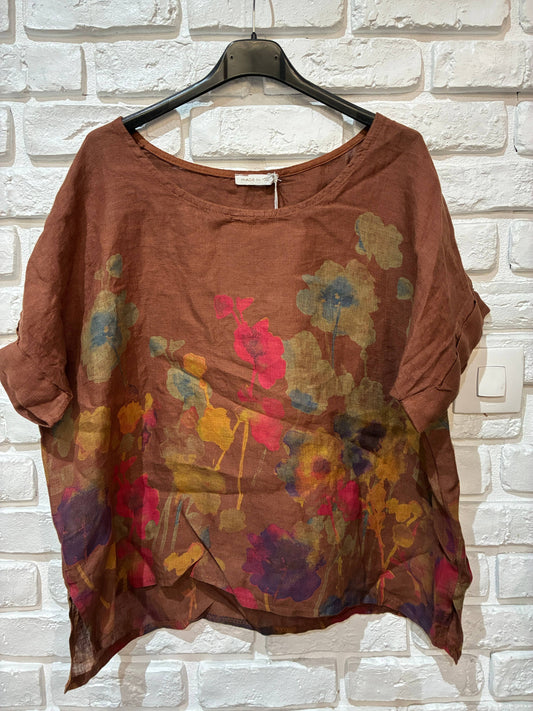Round neck printed linen T-shirt 23310 100% LINEN: Tobacco
