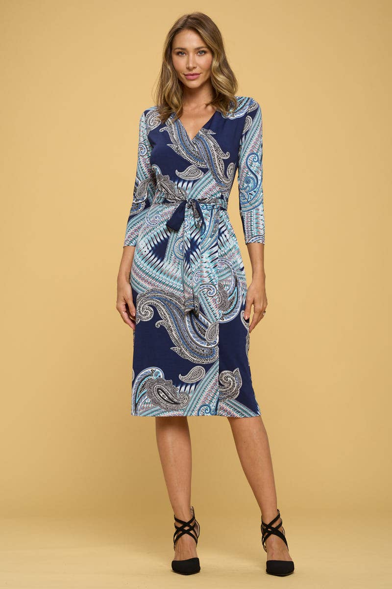 Made in USA Print V neck Wrap Dress with Tie: NAVY