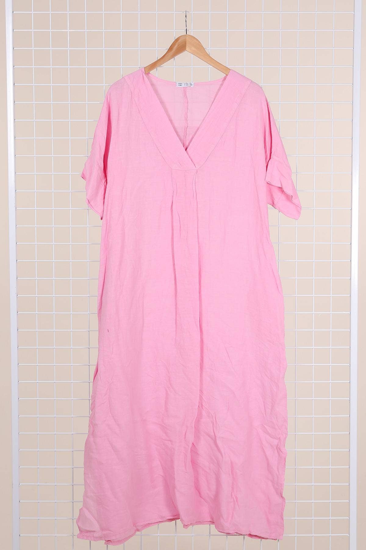 Long dress v-neck 62733 100% linen: Mustard