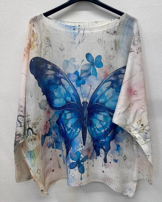 Blue Butterfly Round Knit Printed Sweater