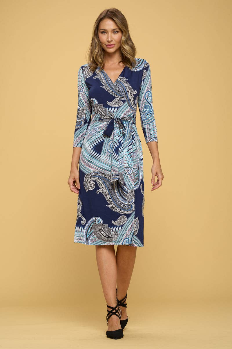 Made in USA Print V neck Wrap Dress with Tie: NAVY