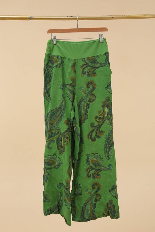 Printed linen trousers 6526 100% LINEN: Apple green