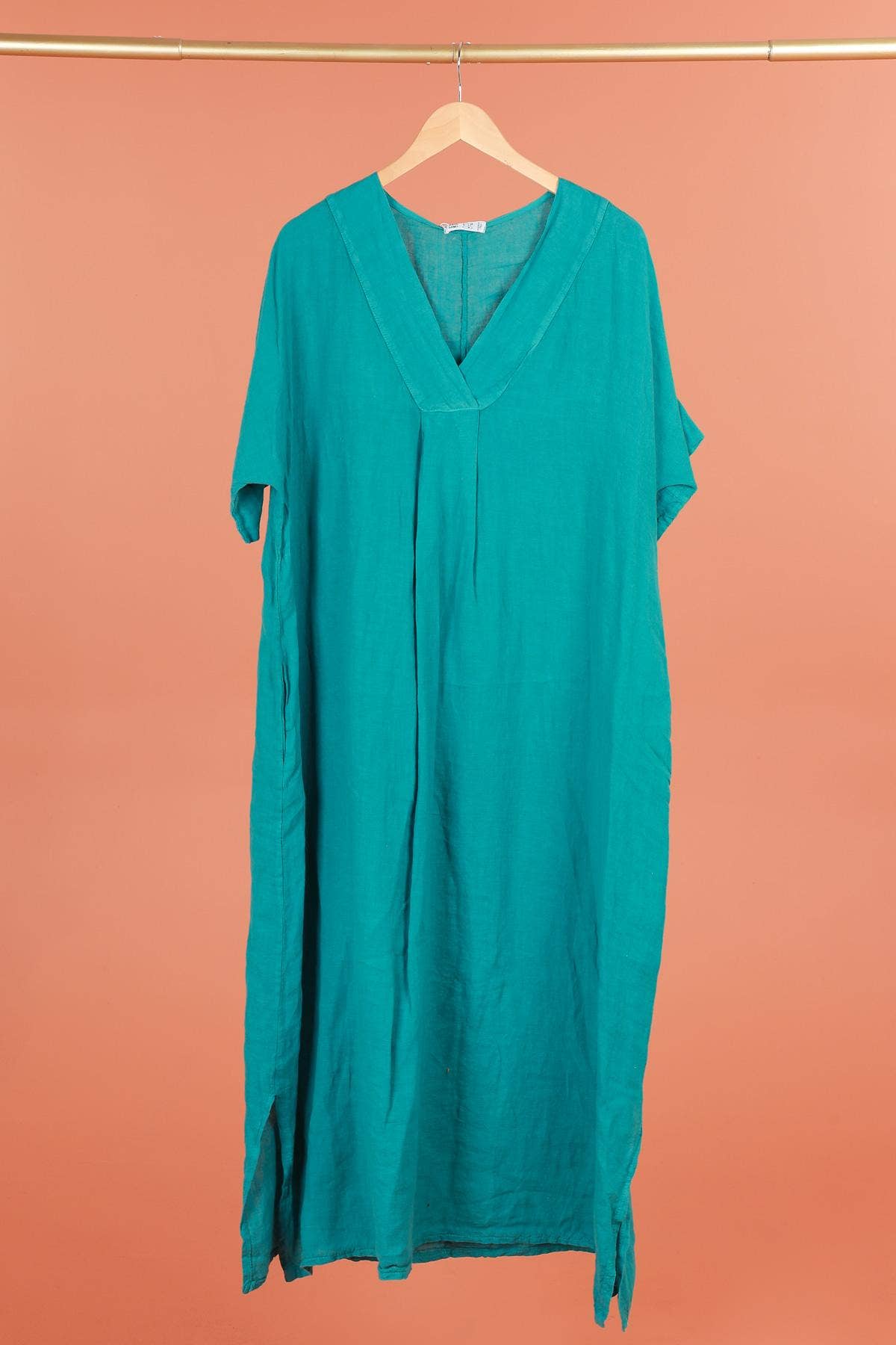 Long dress v-neck 62733 100% linen: Mustard
