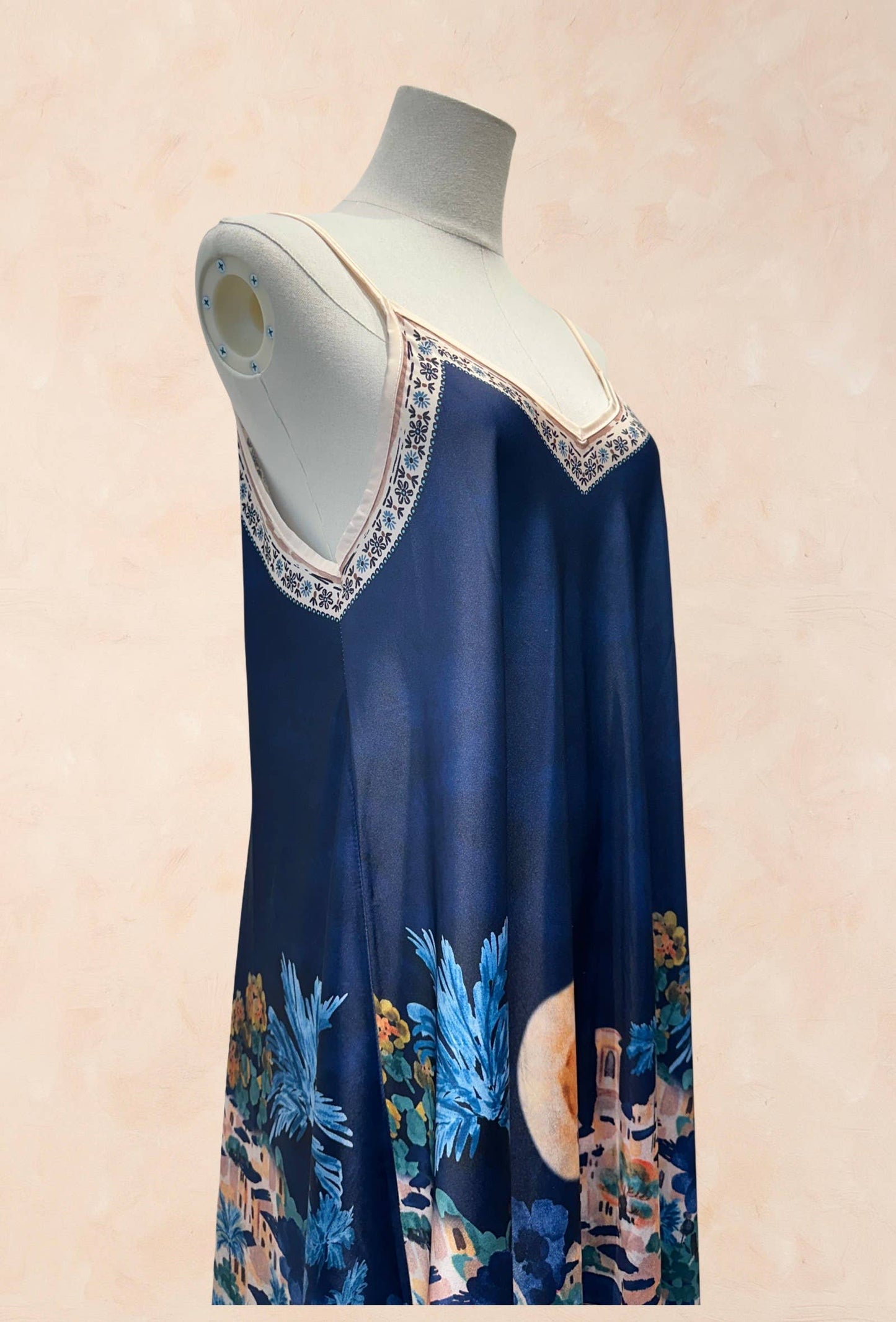 Bohemian strap dress – Mediterranean landscape print –Blue