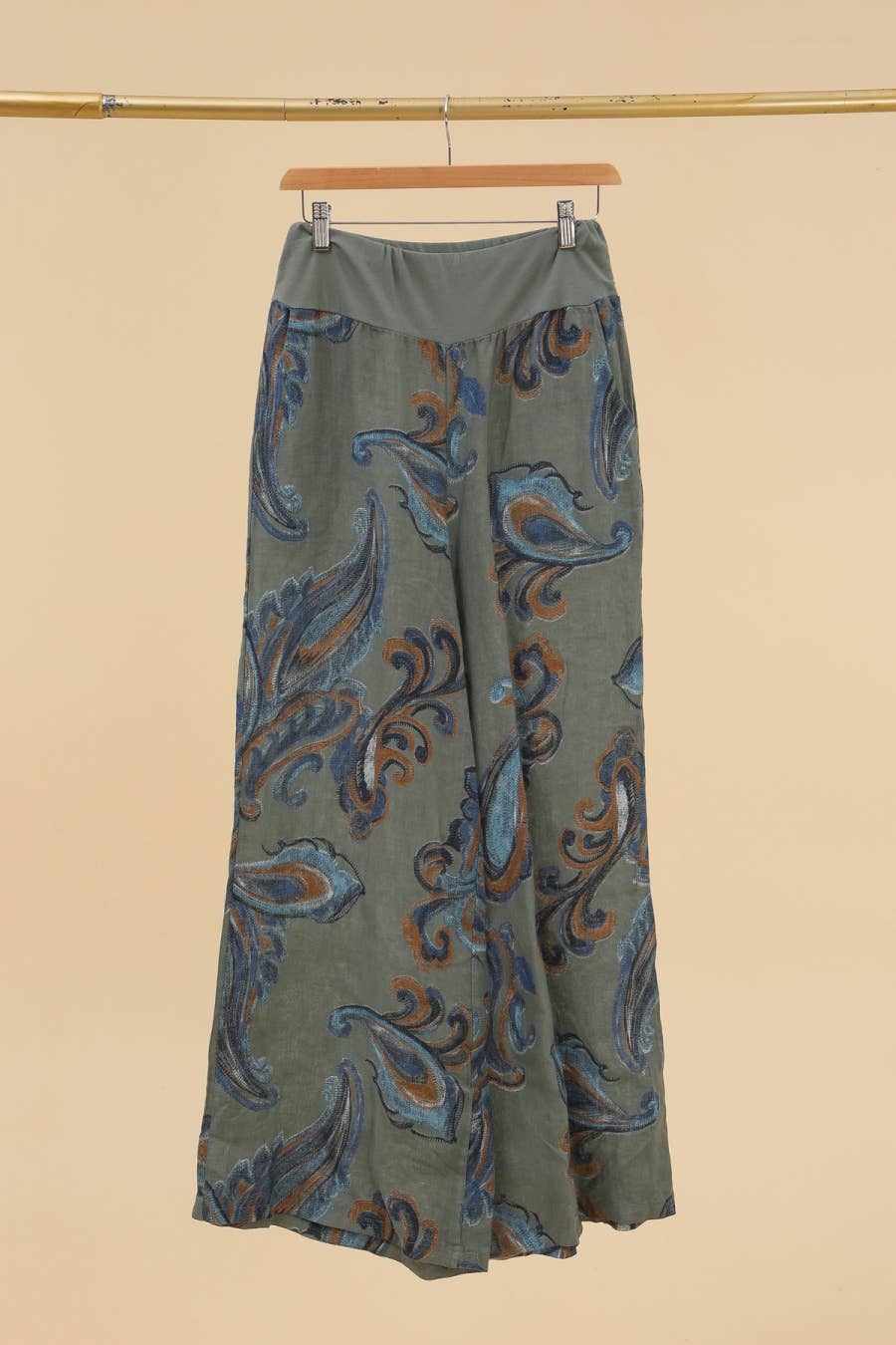 Printed linen trousers 6526 100% LINEN: Apple green
