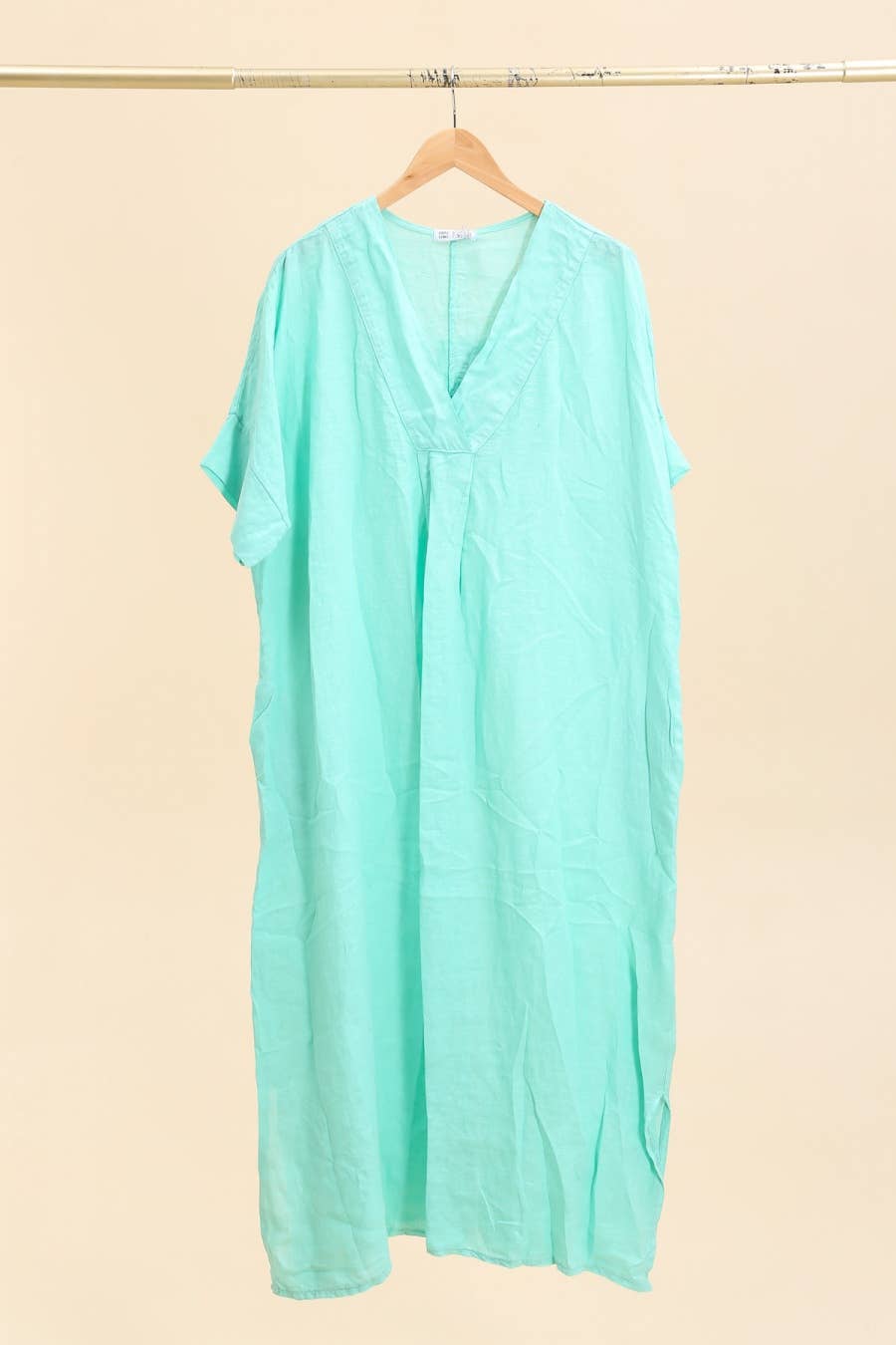 Long dress v-neck 62733 100% linen: Mustard