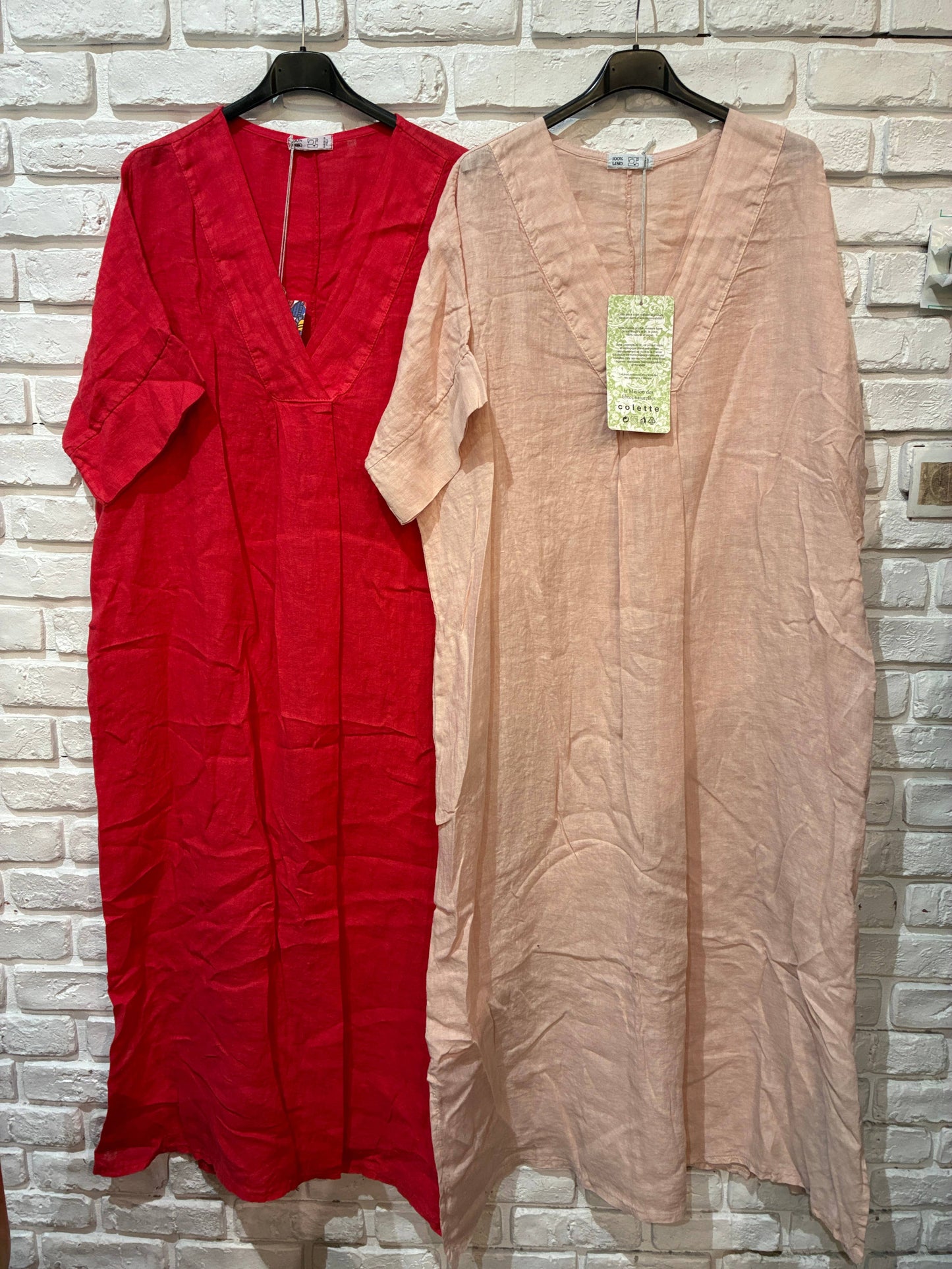 Long dress v-neck 62733 100% linen: Mustard