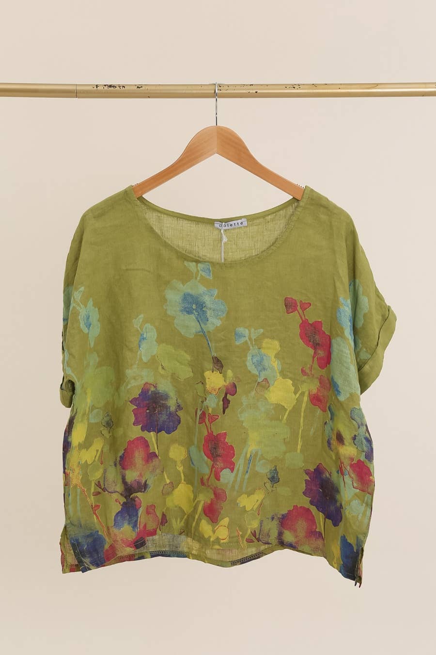 Round neck printed linen T-shirt 23310 100% LINEN: Tobacco