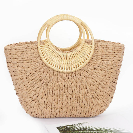 Faux Straw Bamboo Handle Tote Bag