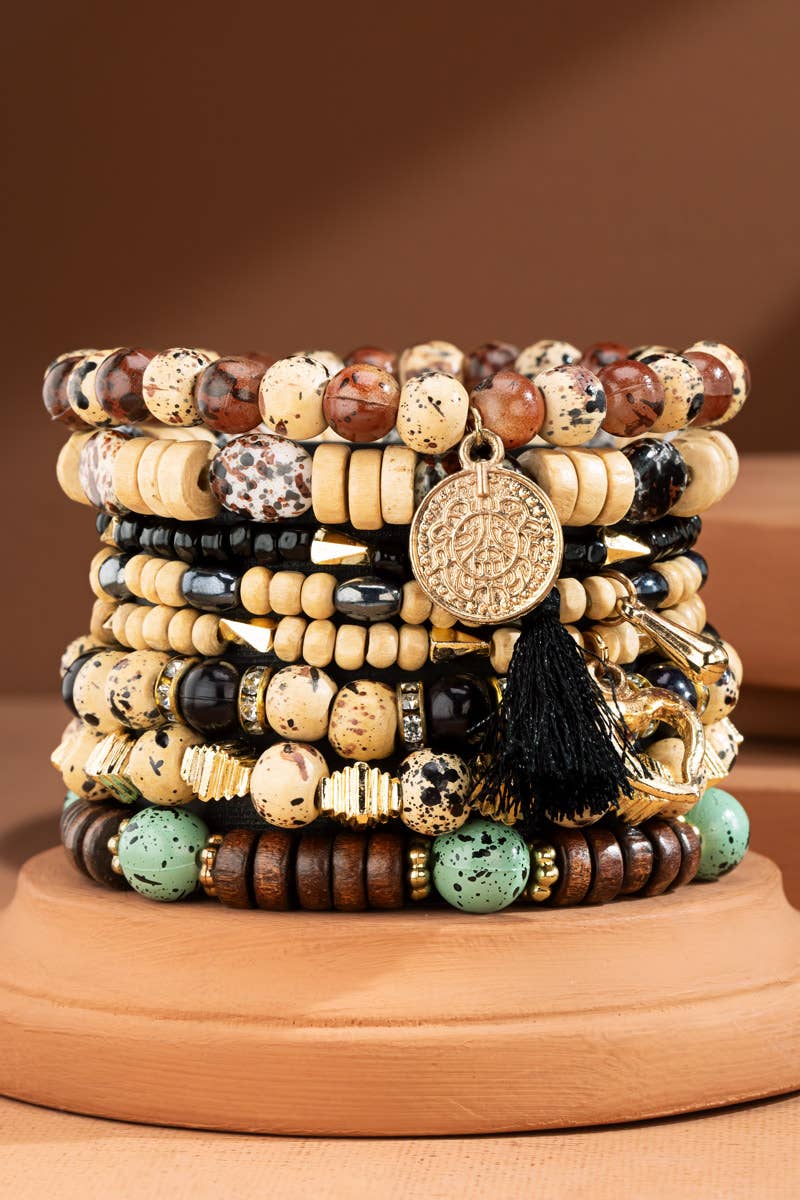 8 Layered Natural Stone & Multi-Bead Bracelet: Brown(Gdbrw), OS