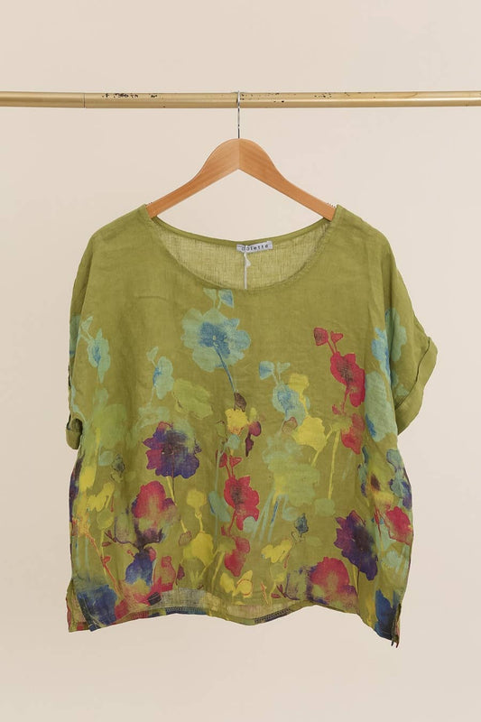 Round neck printed linen T-shirt 23310 100% LINEN: Apple green