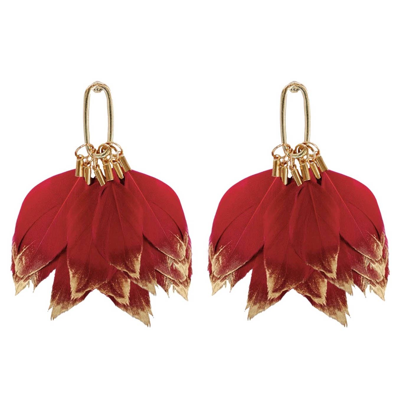 Garnet Gold Dipped Feather Statement Earrings