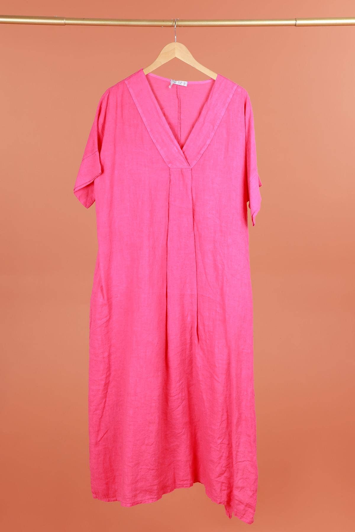 Long dress v-neck 62733 100% linen: Mustard