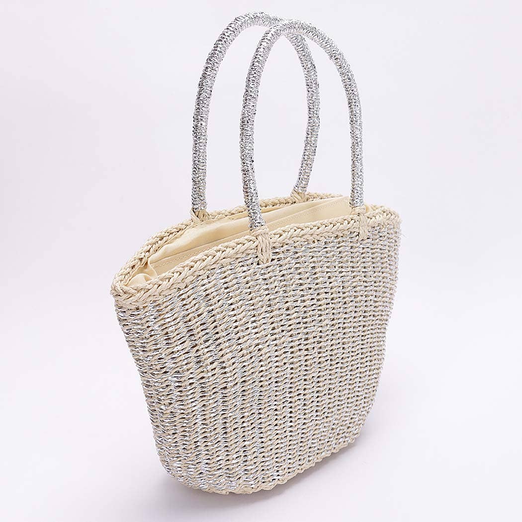 Faux Straw Sunshine Tote: Silver