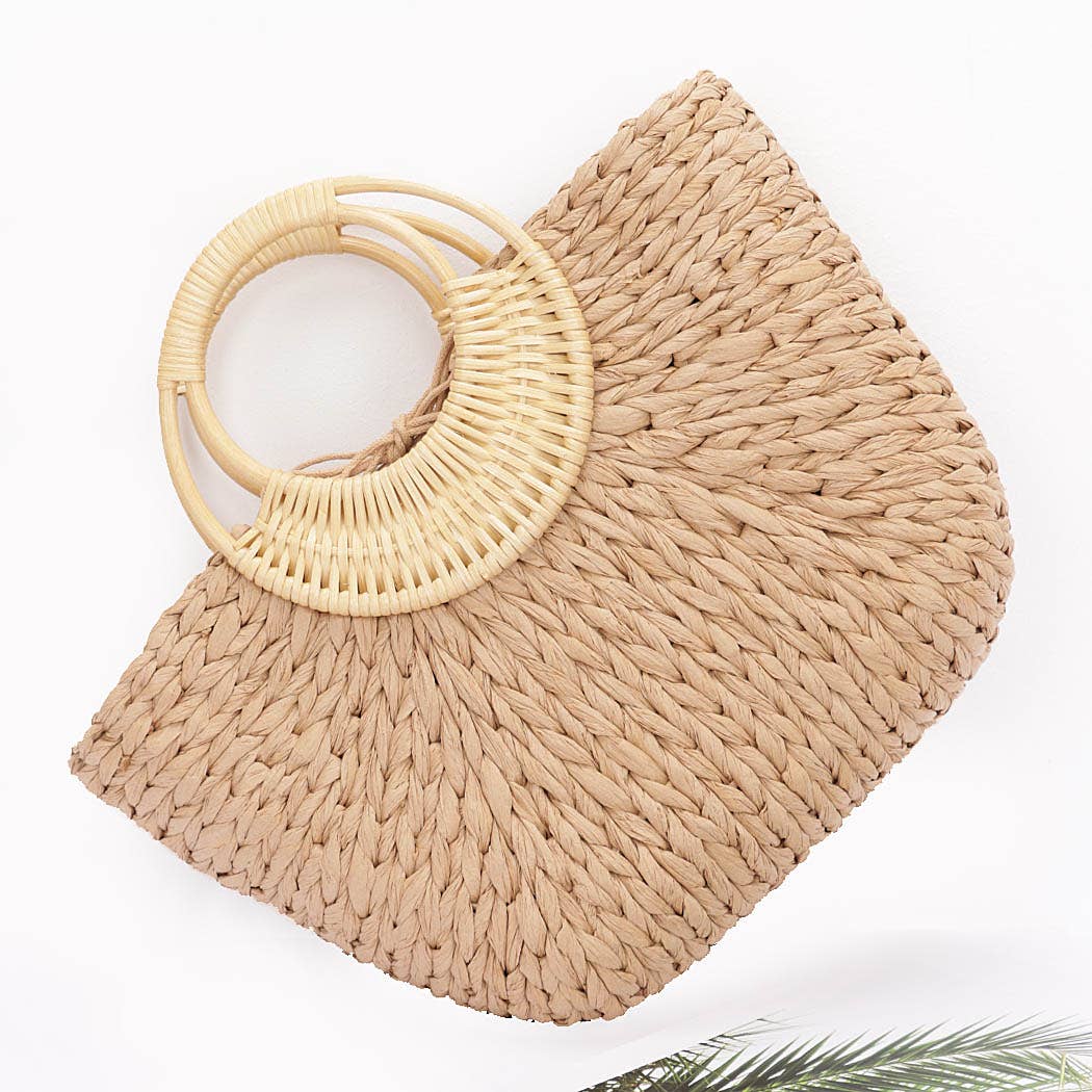 Faux Straw Bamboo Handle Tote Bag