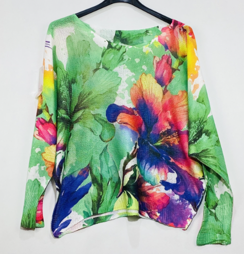 Aqua green Floral Round Knit Printed Sweater