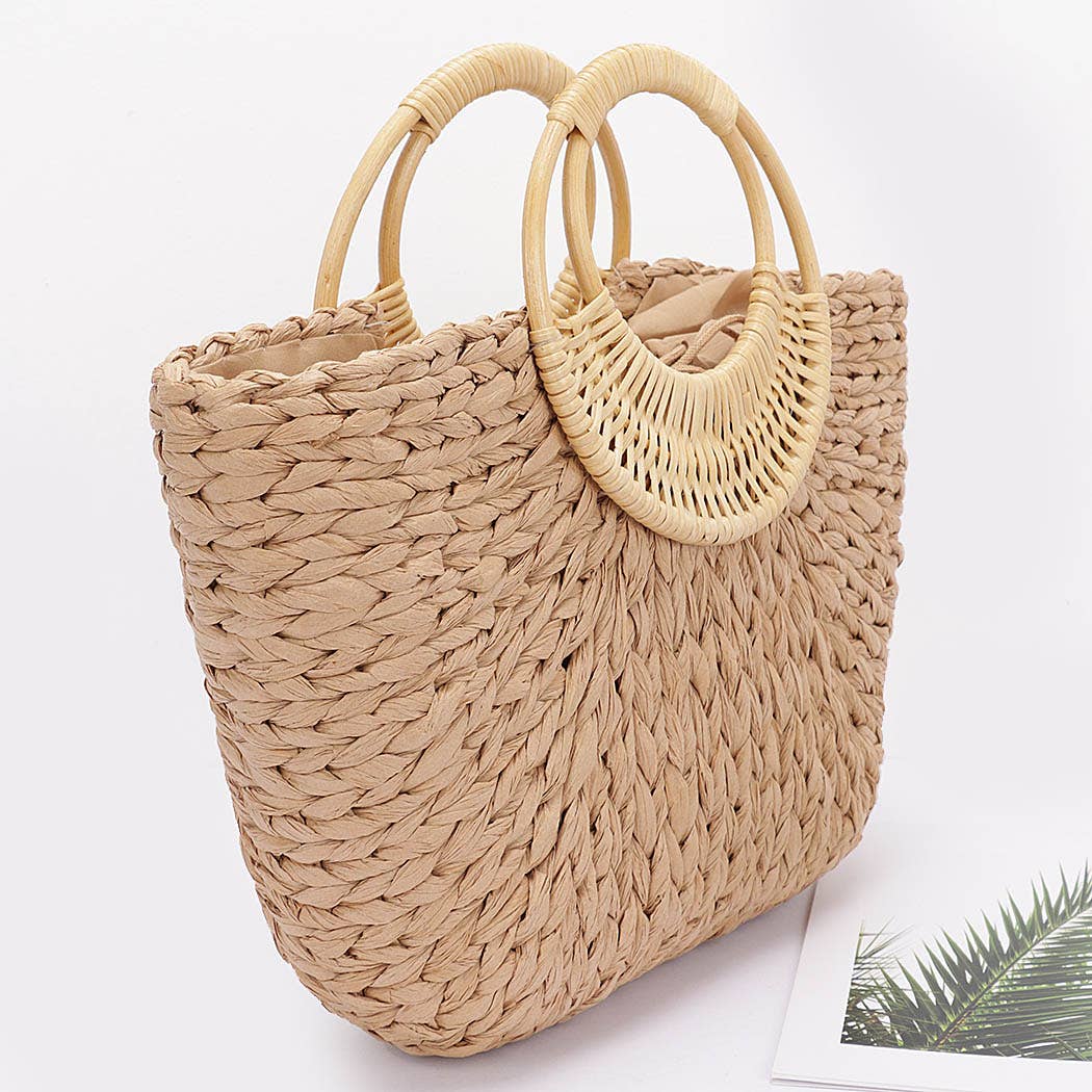Faux Straw Bamboo Handle Tote Bag