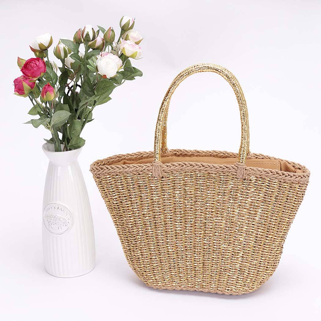 Faux Straw Sunshine Tote: Gold