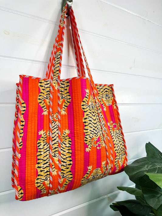 Quilted Tiger Print Tote Bag | Large Travel Bag | Gifts