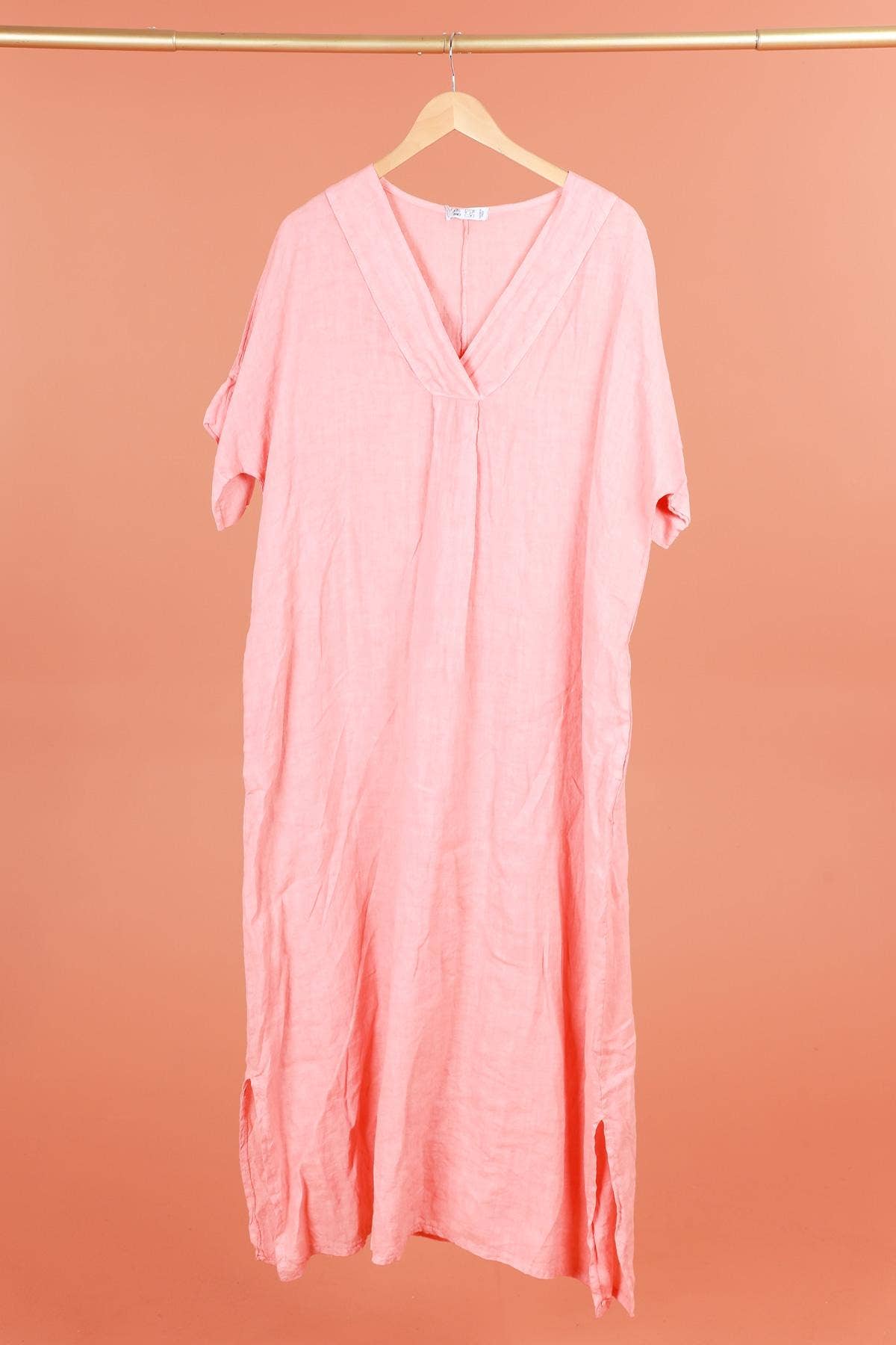 Long dress v-neck 62733 100% linen: Mustard