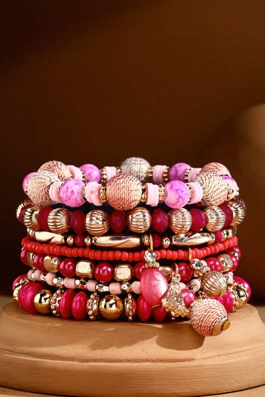 7-Strand Boho Bracelet with Raffia Charms : PINK(PK)