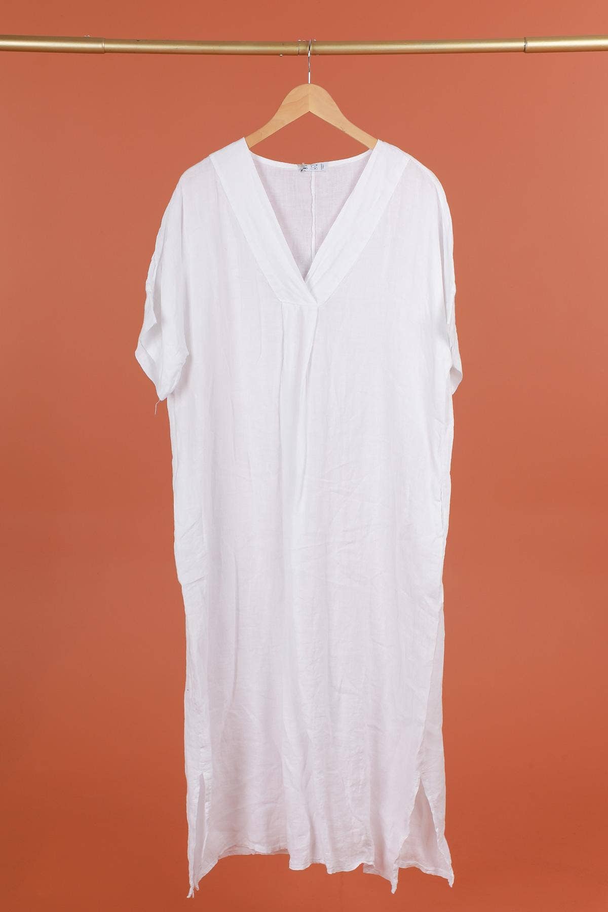 Long dress v-neck 62733 100% linen: Mustard