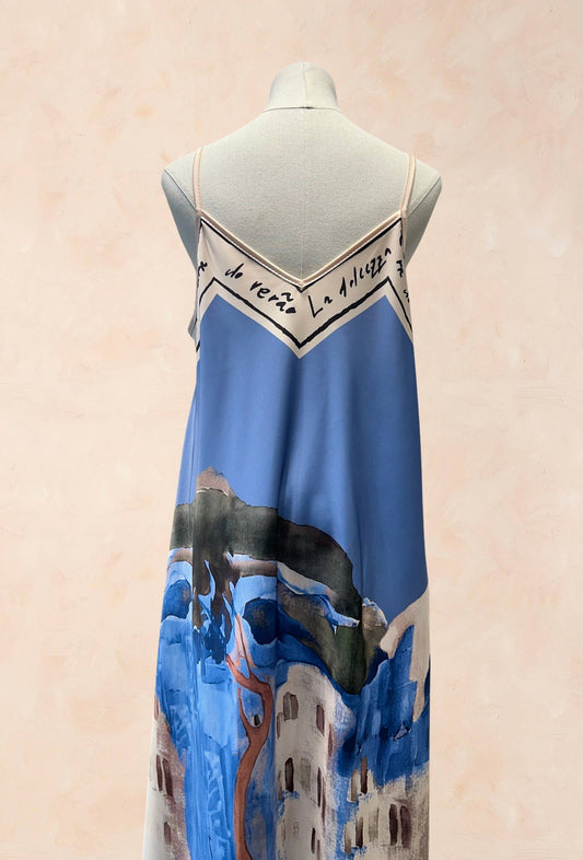 Viscose Silk Printed Fluid Strappy Dress - VISCOSE - 52005: Sky blue