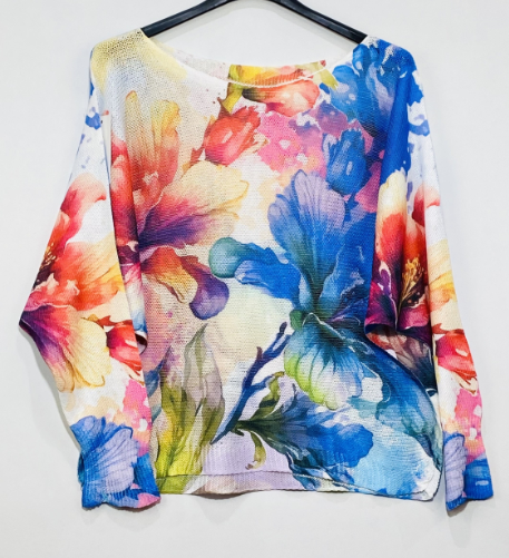 Beige Blue Floral Round Knit Printed Sweater