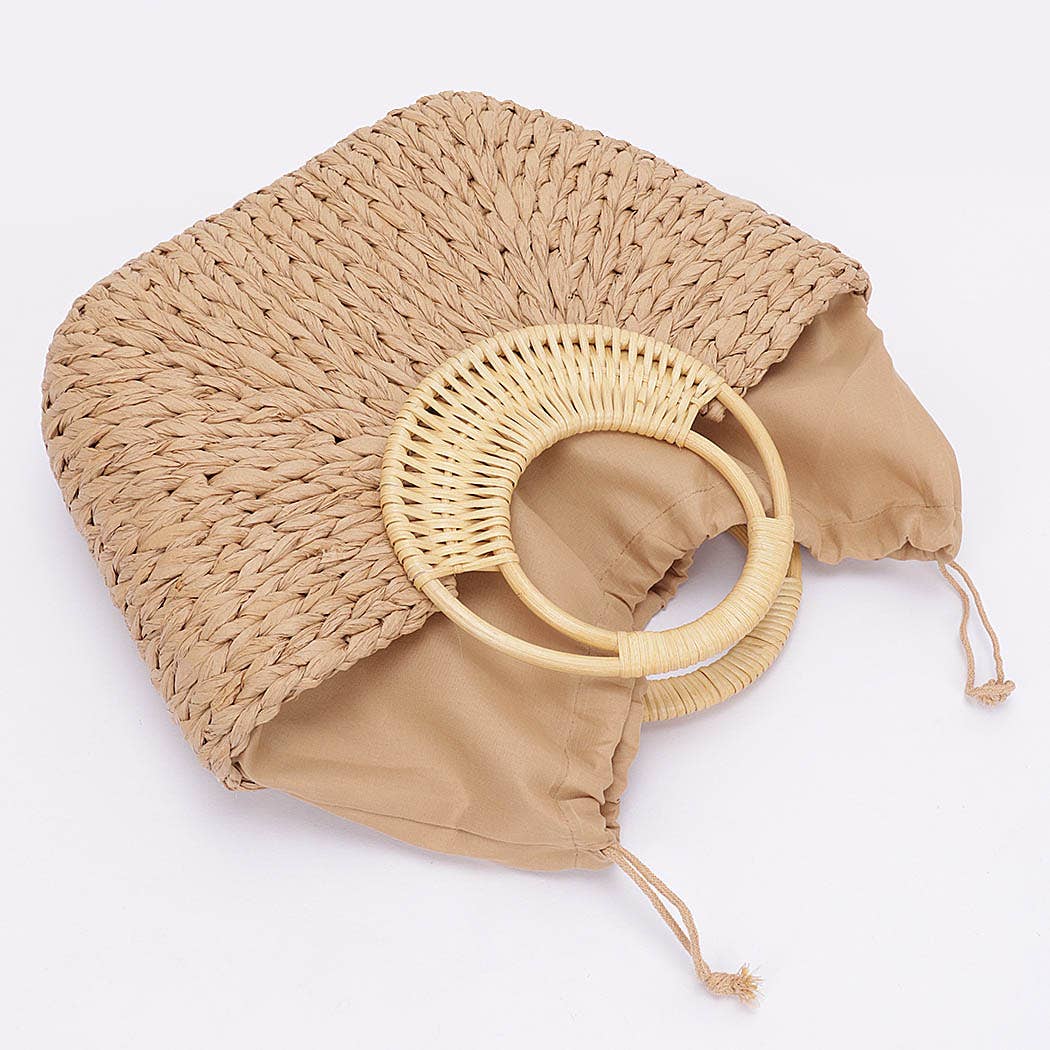 Faux Straw Bamboo Handle Tote Bag