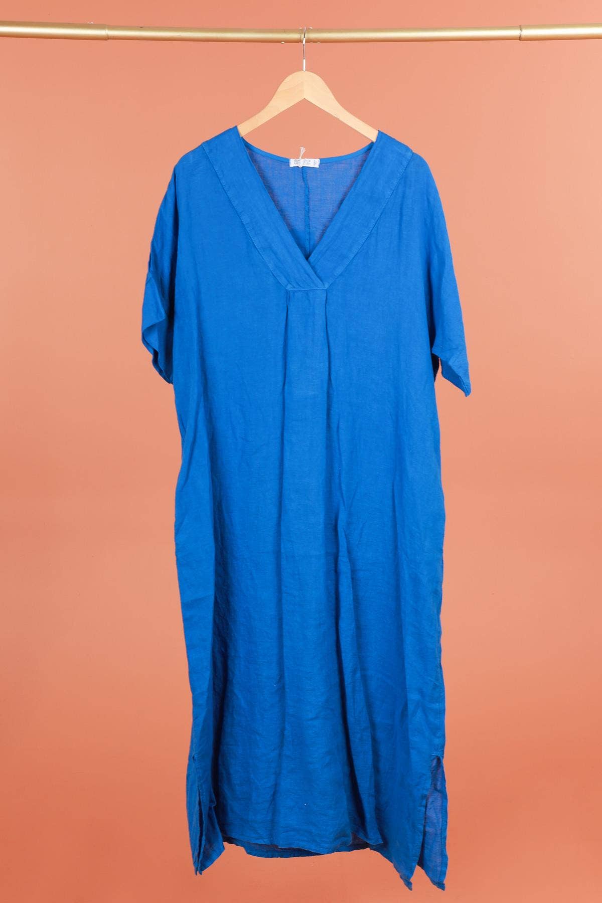 Long dress v-neck 62733 100% linen: Mustard