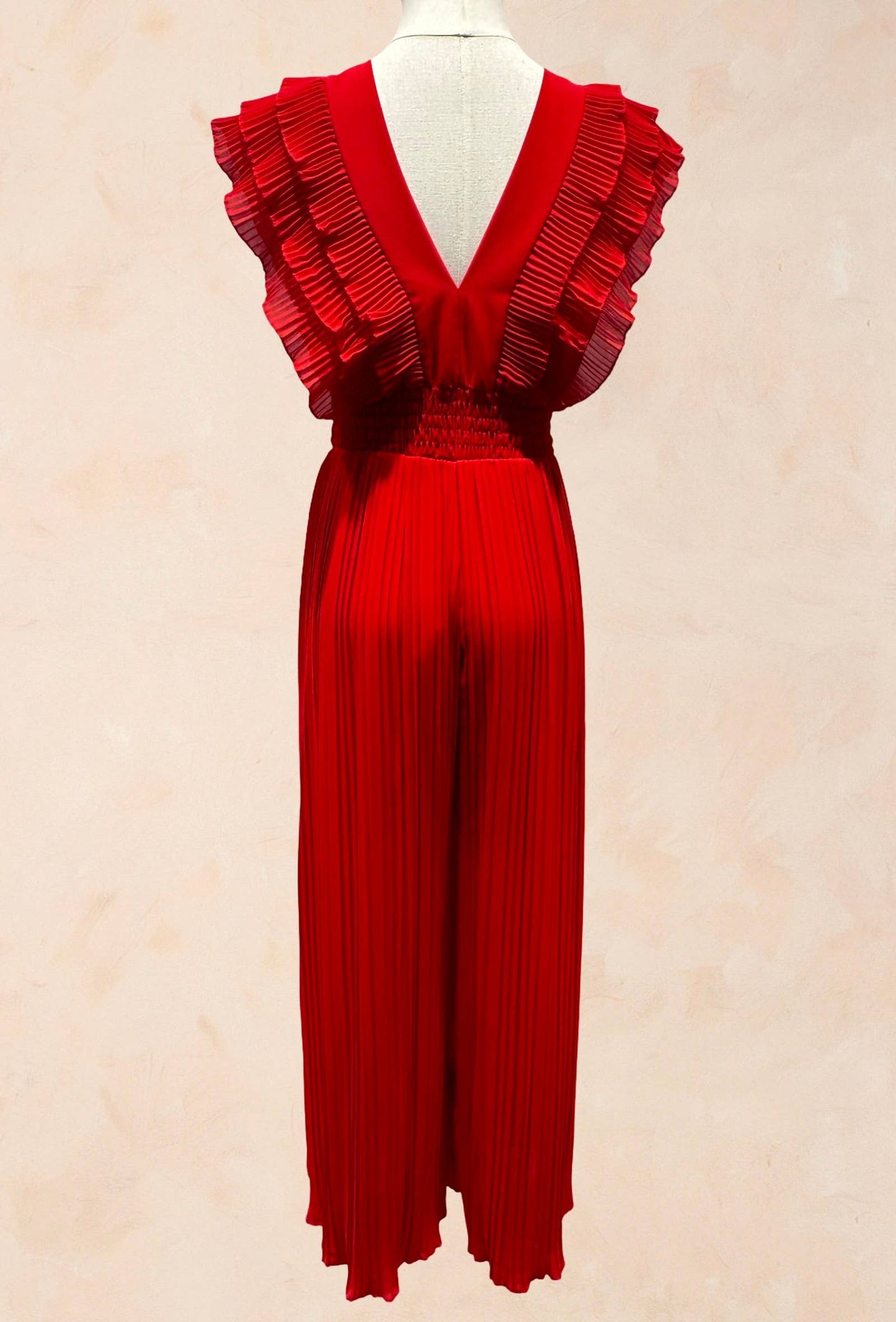 Pleated Ruffle Jumpsuit -  Red