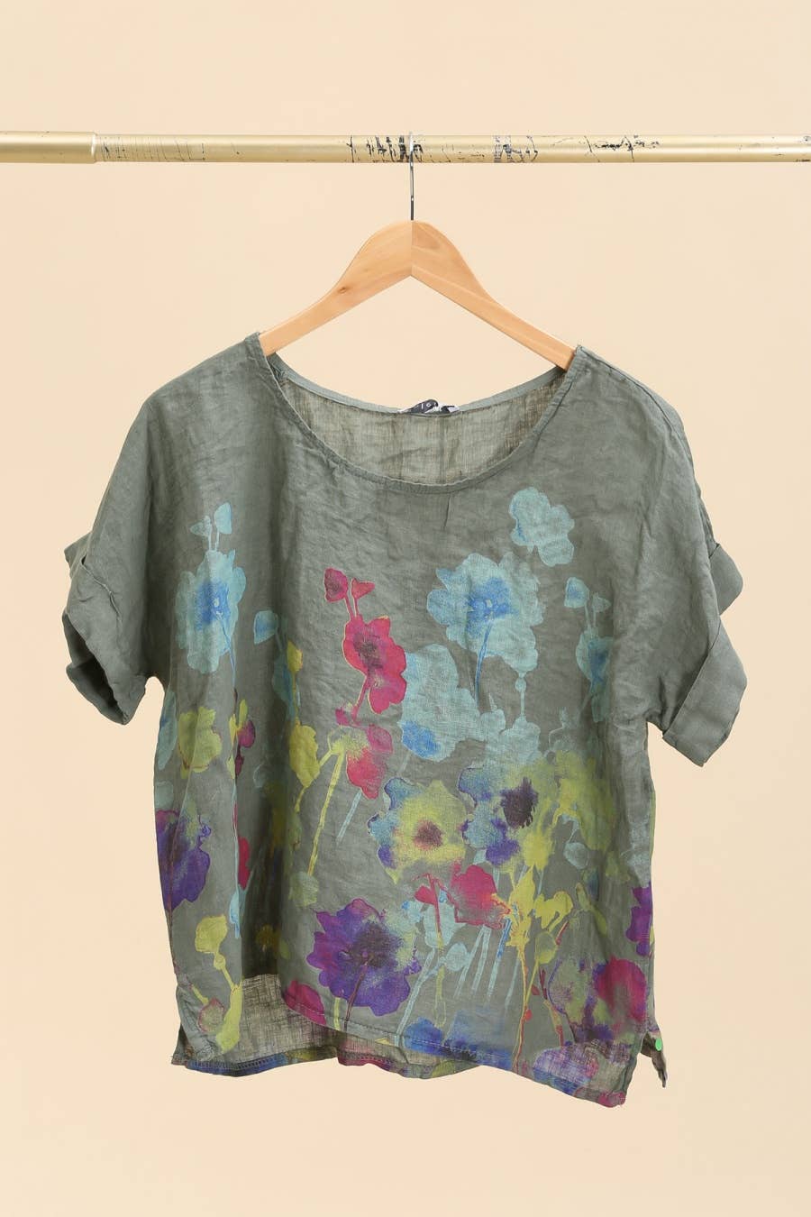 Round neck printed linen T-shirt 23310 100% LINEN: Apple green