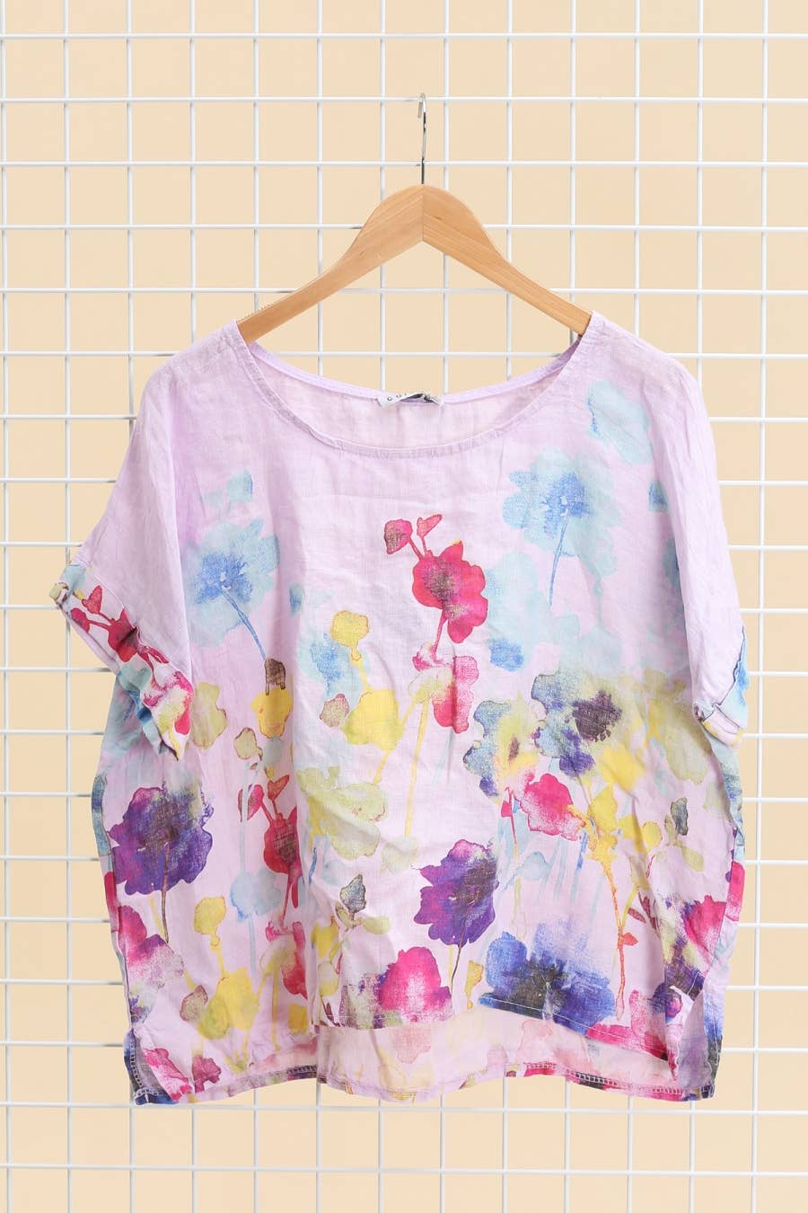Round neck printed linen T-shirt 23310 100% LINEN: Apple green