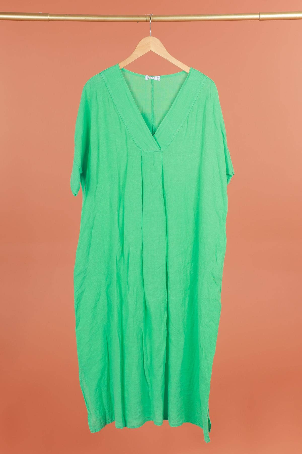 Long dress v-neck 62733 100% linen: Mustard